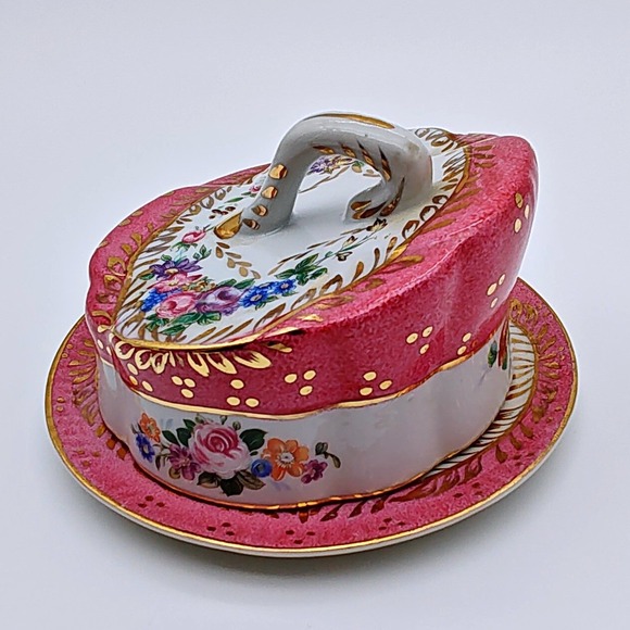 Unmarked Other - Décor à Sèvres Rare Pink Porcelain Butter Dish Gold Beaded Gilt‎ Crowned N Mark
